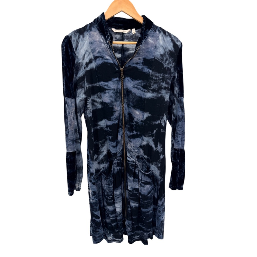 Soft Surroundings Velvet Trim Tie Dye Zip Up Long Sleeve Dress Dark Academia S